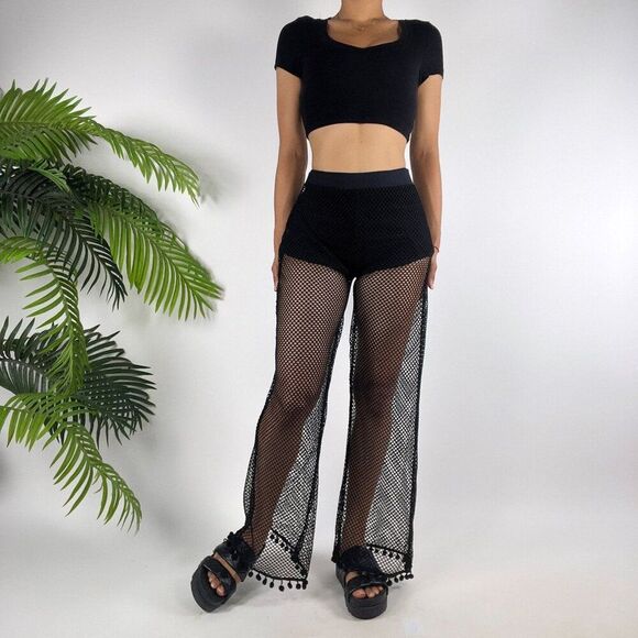 Vintage Black Mesh Crochet Fishnet Wide Leg Beachy Goth Cover Up Pants / Small - Picture 4 of 5